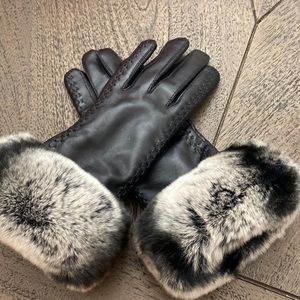 Harrods London 100% Real Leather Gloves W/ Real Rabbit Fur Cuff (Fur Lined)Large